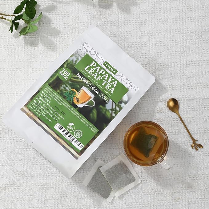 100 Premium Papaya Leaf Tea Bags, Made with 100% Natural Papaya Leaves, Free Wellness Tea, No Additives & Caffeine Free.