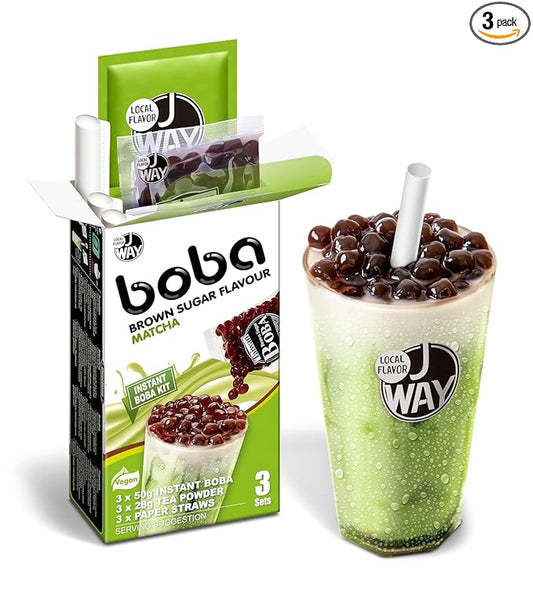 J WAY Instant Boba Bubble Pearl Matcha Milk Tea Kit with Authentic Brown Sugar Tapioca Boba, Ready in Under One Minute, Paper Straws Included - 3 Servings