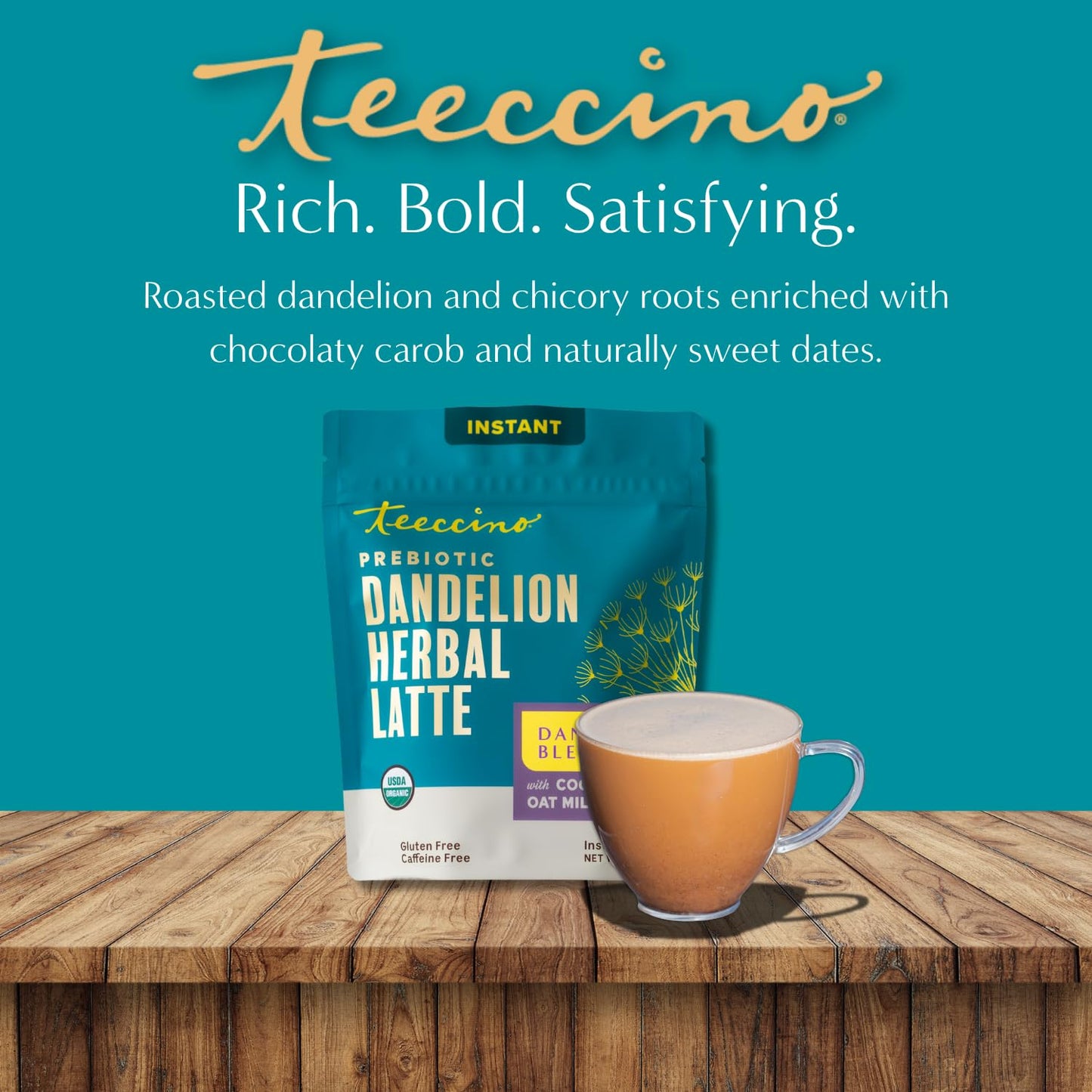 Teeccino Organic Instant Dandelion Herbal Latte – 14 Servings – Creamy Oat &amp; Coconut Latte with a Blend of Roasted Chicory &amp; Dandelion Roots – Gluten-free, Prebiotic, Caffeine-Free – 7.9 ounces