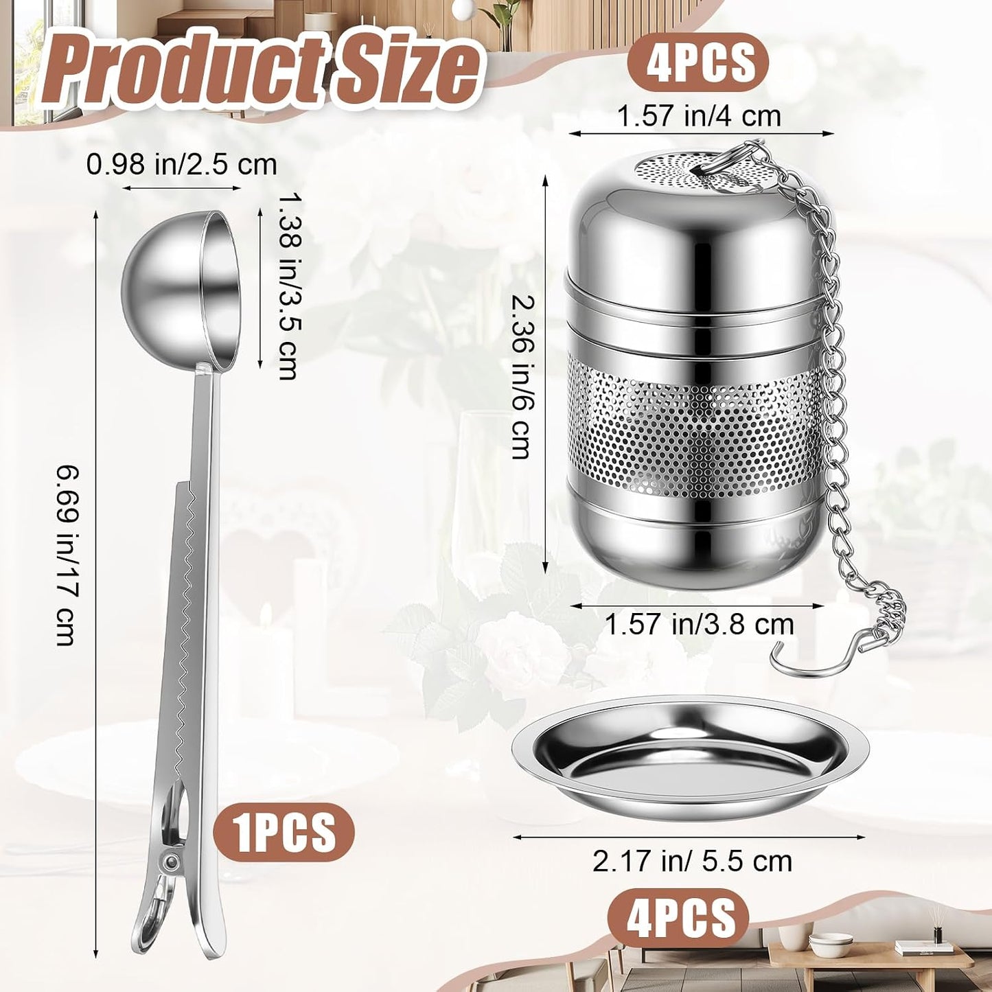 Umigy 4 Pcs Tea Infuser for Loose Tea, Stylish, 2.4 x 1.5 Inch, Silver