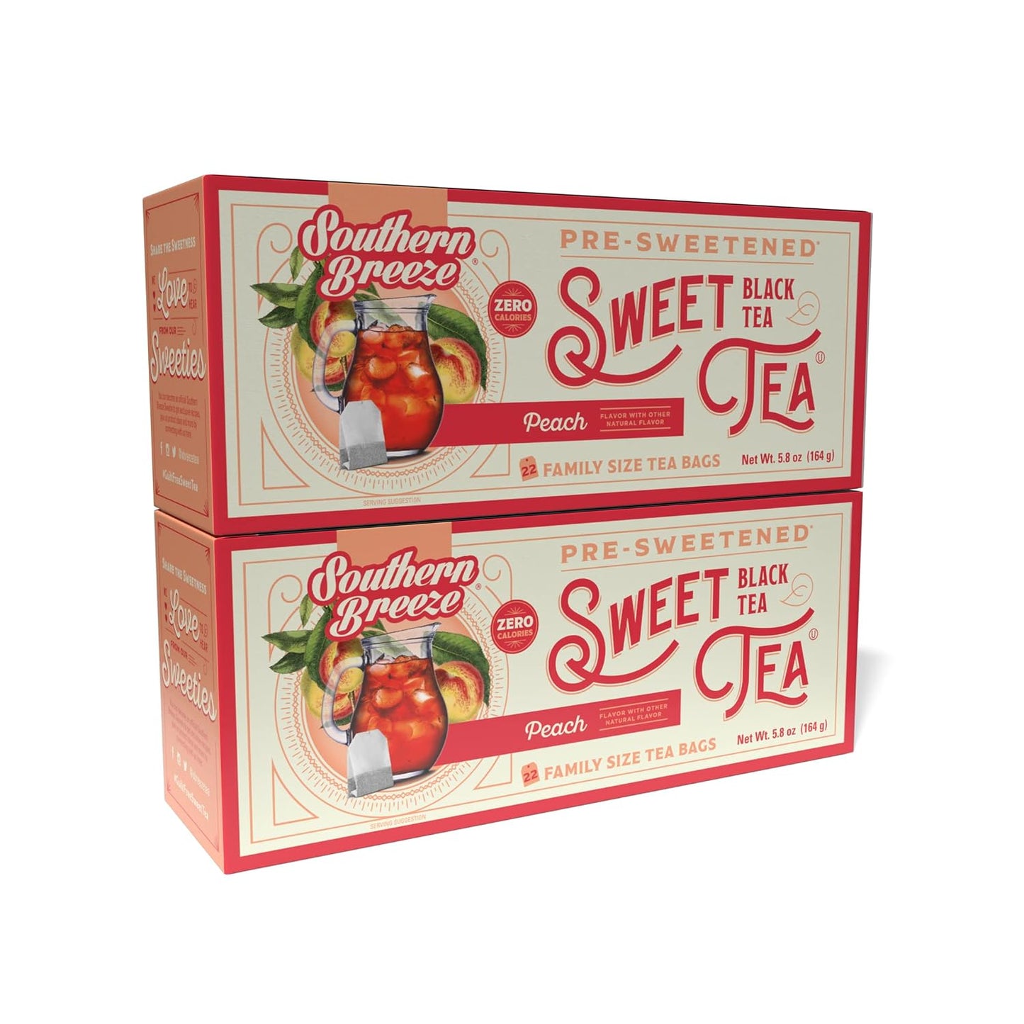 Southern Breeze Peach Family Size Tea Bags, 22 Ct (Pack of 2) | Southern-Style Sweet Tea | By the Pitcher | Zero Sugar | Zero Carbs | Hot Brew Ready | Perfect for Family