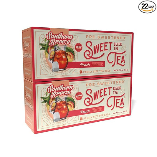 Southern Breeze Hot Brew Sweet Tea Peach Iced Tea with Black Tea and Zero Carbs Zero Sugar, 22 Individually Wrapped Family Size Tea Bags, Pack of 2