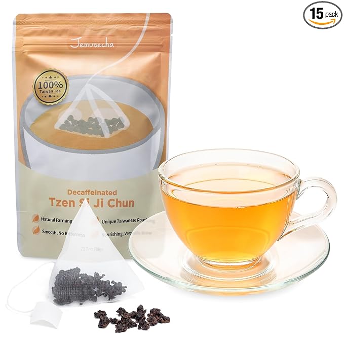 Jemutecha Decaffeinated Oolong 15 Tea Bags, 100% Pure Organic Award-Winning Tea, Refreshing & Smooth, Non-GMO, Premium Taiwanese Asian Tzen Tea for Digestion & Energy