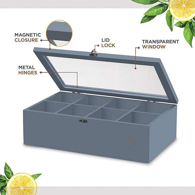 Tea Bag Organizer - Grey Bamboo Tea Box Organizer Storage Box, Tea Bag Holder with Acrylic Window, Magnetic Lid Keeps Tea Bags Fresh