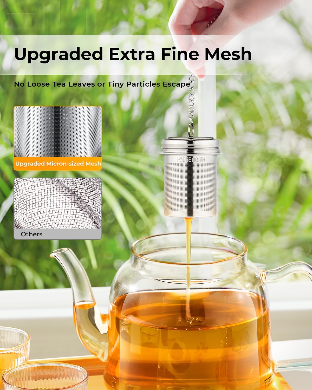 HOUSE AGAIN Tea Infuser, Extra Fine Mesh Tea Strainers for Loose Tea, 18/8 Stainless Steel Tea Strainer with Extended Chain Hook, Tea Steeper for Brew Tea, Spices &amp; Seasonings for Single Cup, 1 Pack