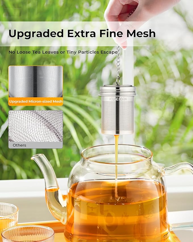 House Again Tea Infuser, Extra Fine Mesh Tea Strainers for Loose Tea, 18/8 Stainless Steel Tea Strainer with Extended Chain Hook