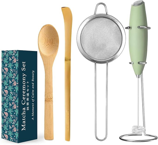 Monojoy Electric Matcha Whisk Set 4 PCS Matcha Making Kit Powder Mixer Electric Milk Frother Traditional Tea Scoop Chashaku, Spoon, Sifter