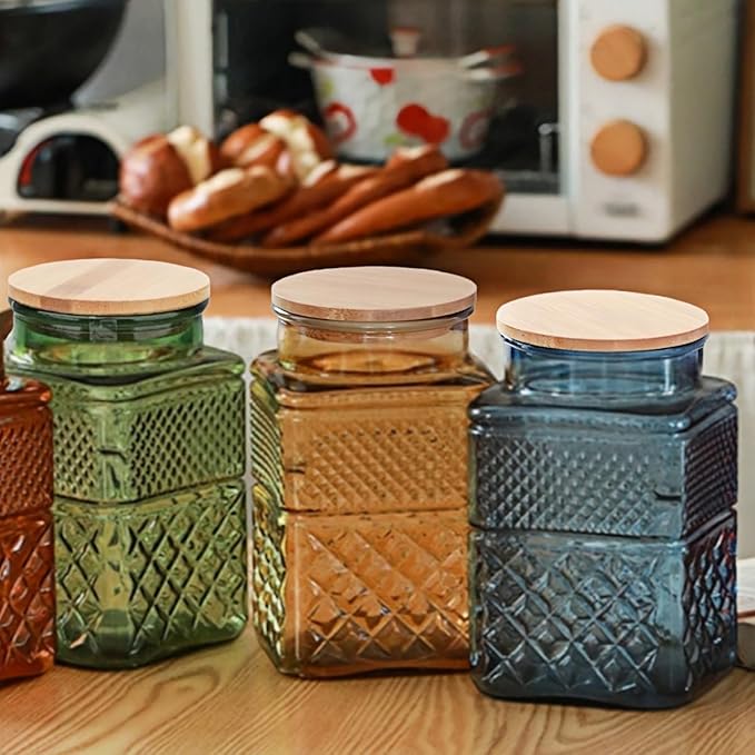 ANSQU Square Glass Jar, 61 Fl oz Candy Jar with Lid, Glass Food Storage Containers for Ground Coffee, Tea, Sugar, Decorative Mason Jar (Yellow)