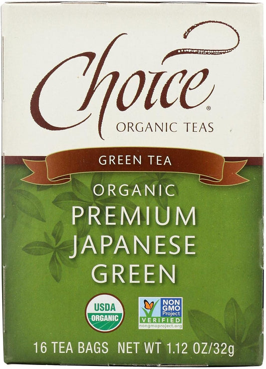 Choice Organic Teas Premium Japanese Green Tea - 16 Tea Bags - Case of 6 - 95%+ Organic -