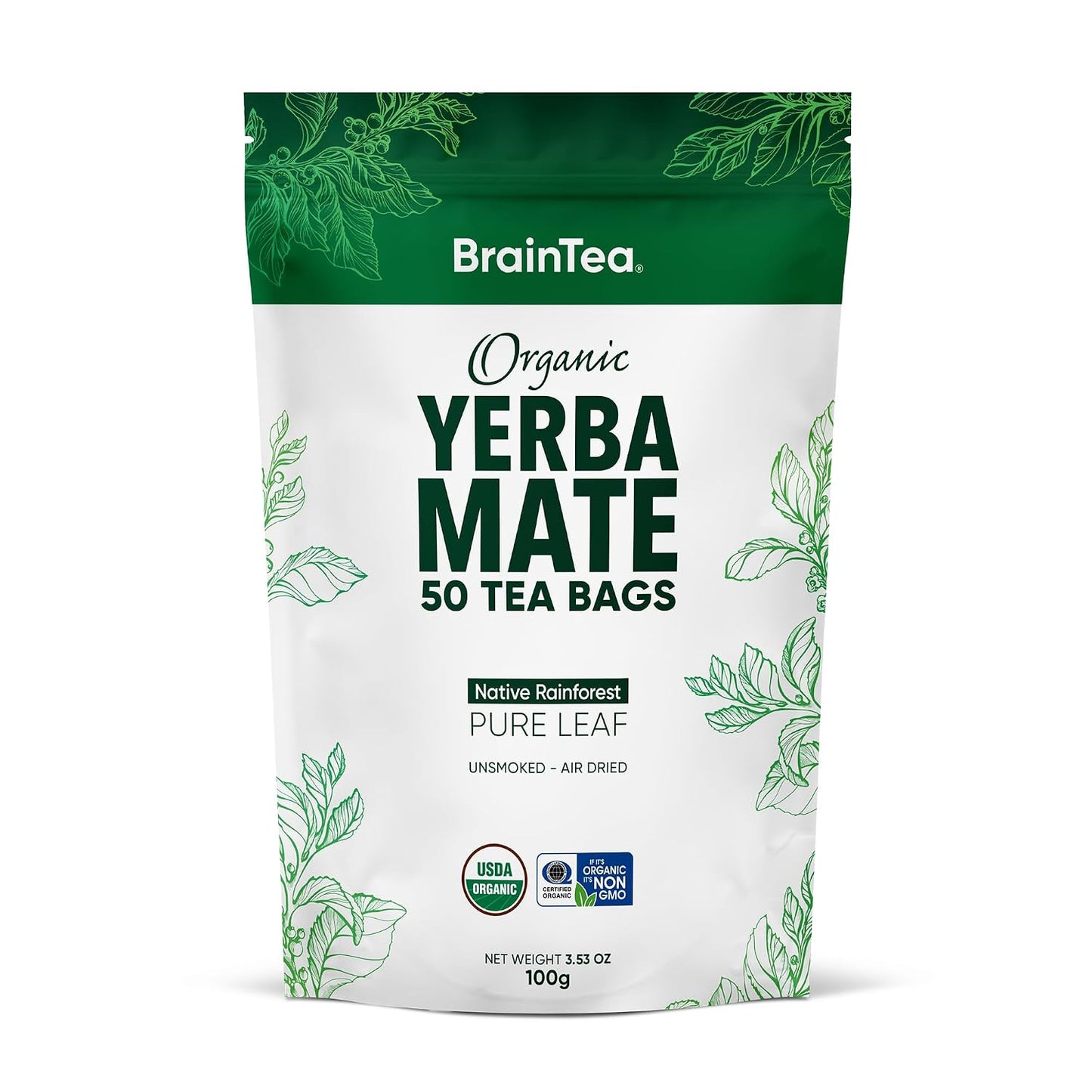 Yerba Mate Tea Organic - Brain Tea Organic Yerba Mate Tea bags 50 count - Native Rainforest Sourced, Unsmoked &amp; Air-Dried, High Caffeine Matte Tea - 100g