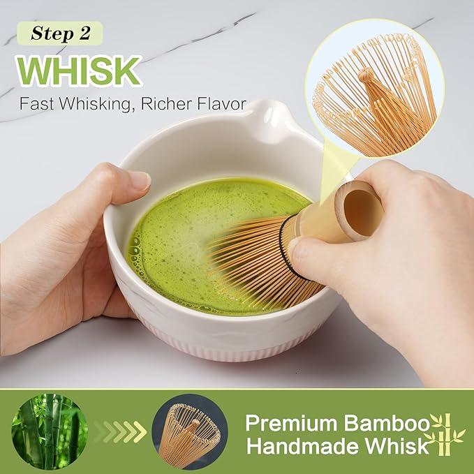 Matcha Whisk Set, 7 Pcs Ceramic Matcha Set, Includes Matcha Bowl, Matcha Whisk, Chasen Holder, Bamboo Scoop, Scoop Rest, Stainless Sifter, Tea Towel