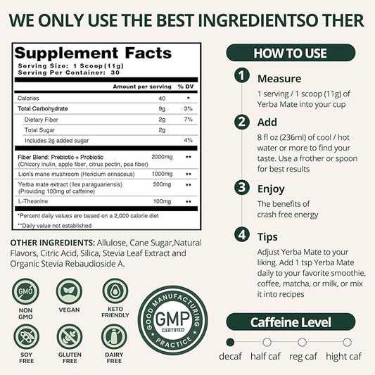 Yerba Mate Instant Tea Powder, 4-in-1 Peach Mango Flavor Super Drink with Prebiotics and Probiotics Lion’s Mane L-Theanine for Natural Energy & Gut Health, Reduce Brain Fog Low Sugar 30 Servings