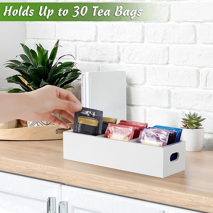 DRASTAR Tea Bag Organizer, Wooden Tea Bag Holder, White Tea Bag Chest with 3 Slots, Mini Tea Organizer Countertop, Sugar Packet Holder