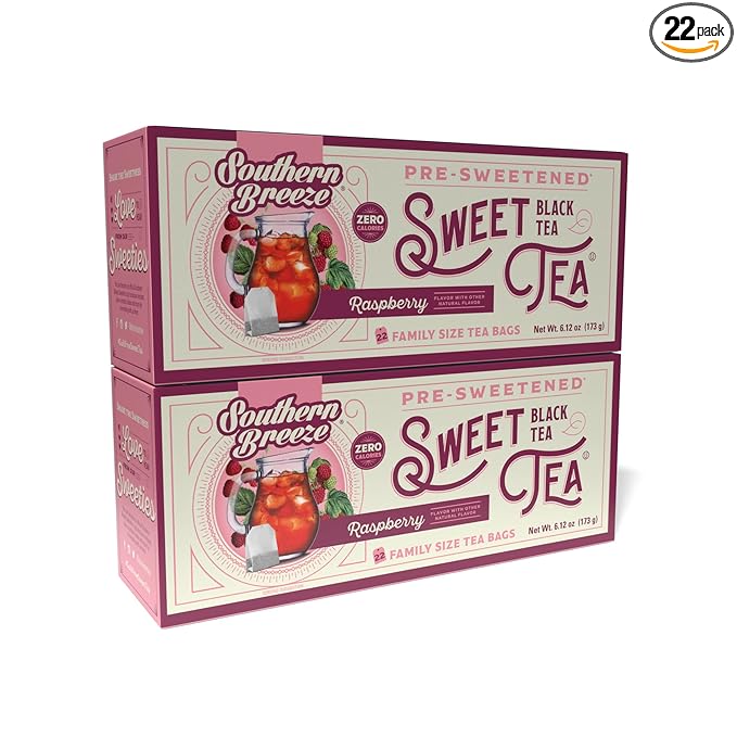 Southern Breeze Hot Brew Sweet Tea Raspberry Iced Tea with Black Tea and Zero Carbs Zero Sugar, 22 Individually Wrapped Family Size Tea Bags, Pack of 2