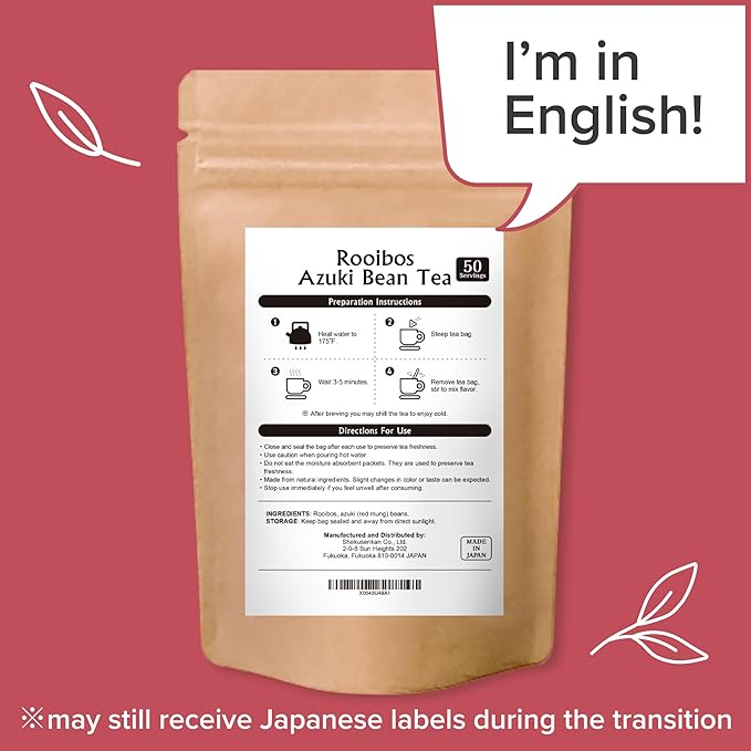 Onkatsu Farm Rooibos Azuki Bean Premium Japanese Tea Bags, Rich Aromatic Nutty Flavor, Hot or Iced, Caffeine Free, 50 Total Tea Bags