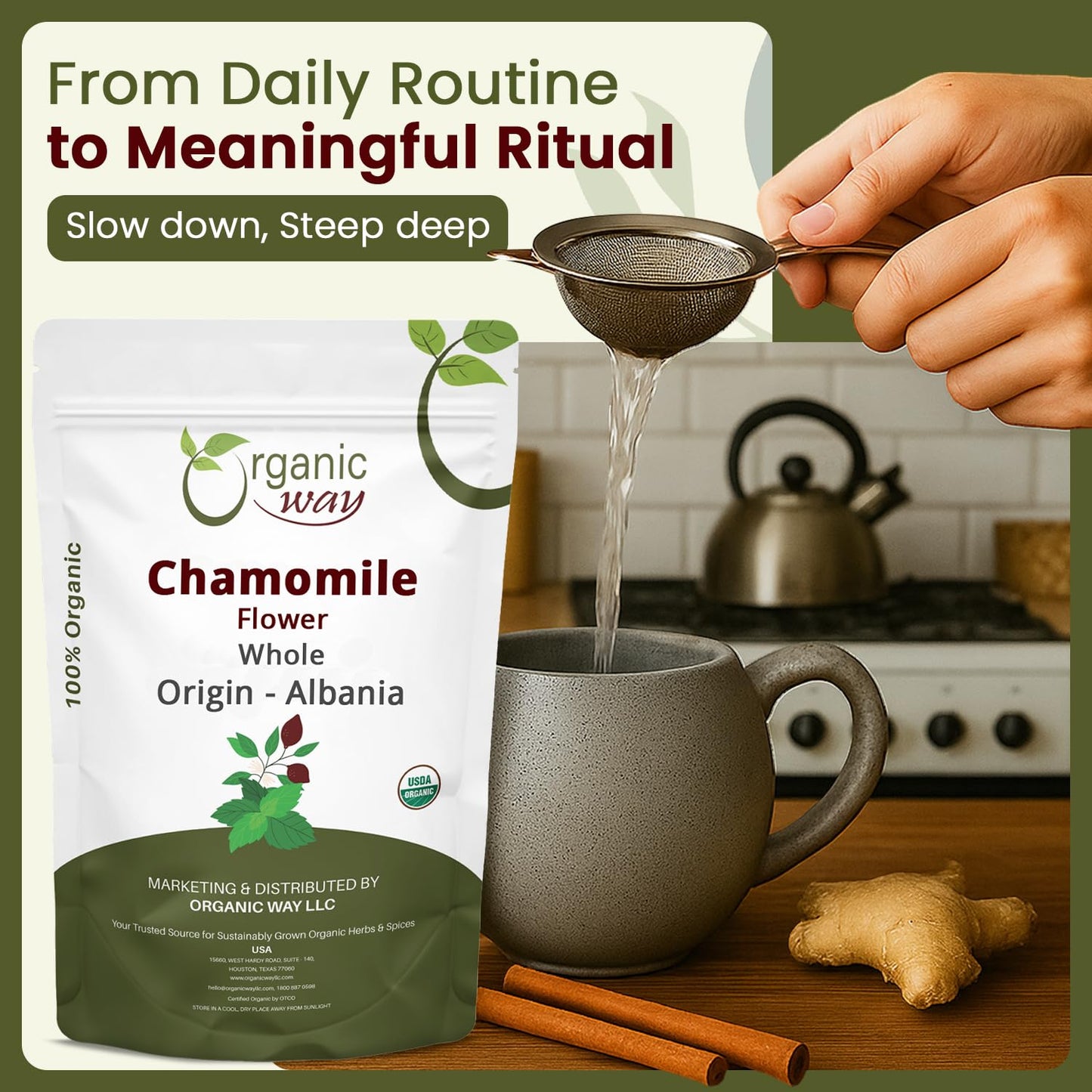 Organic Way Chamomile Flower Whole - Herbal Tea (2 Ounce) | Matricaria chamomilla botanical herb, European Wild-Harvest USDA Organic and Kosher Certified; Non-GMO Origin Albania