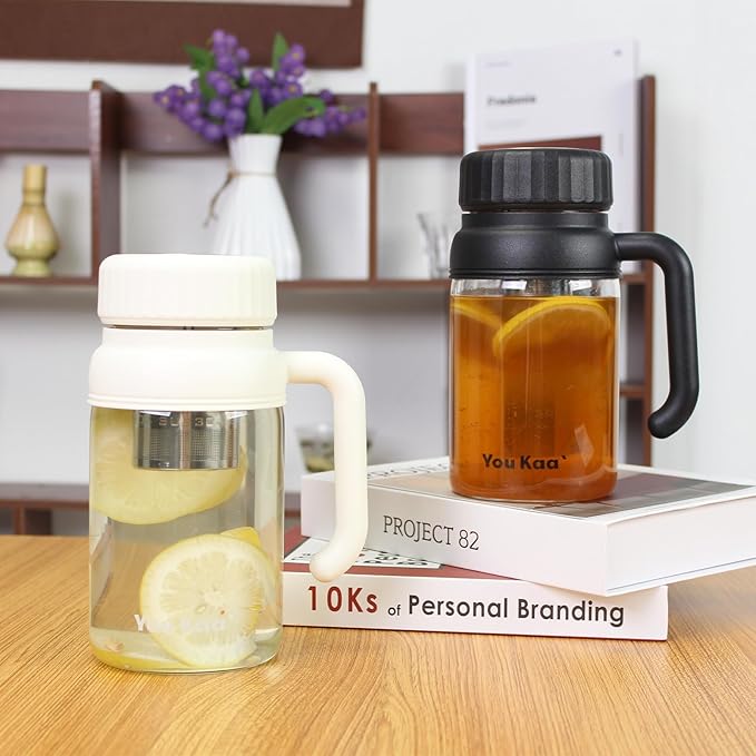 32oz Glass Water Bottle, Tea Bottle with Infuser & Handle, BPA-Free Leakproof Wide Mouth Large Tea Infuser cup for Hot or Cold Drinks, Loose