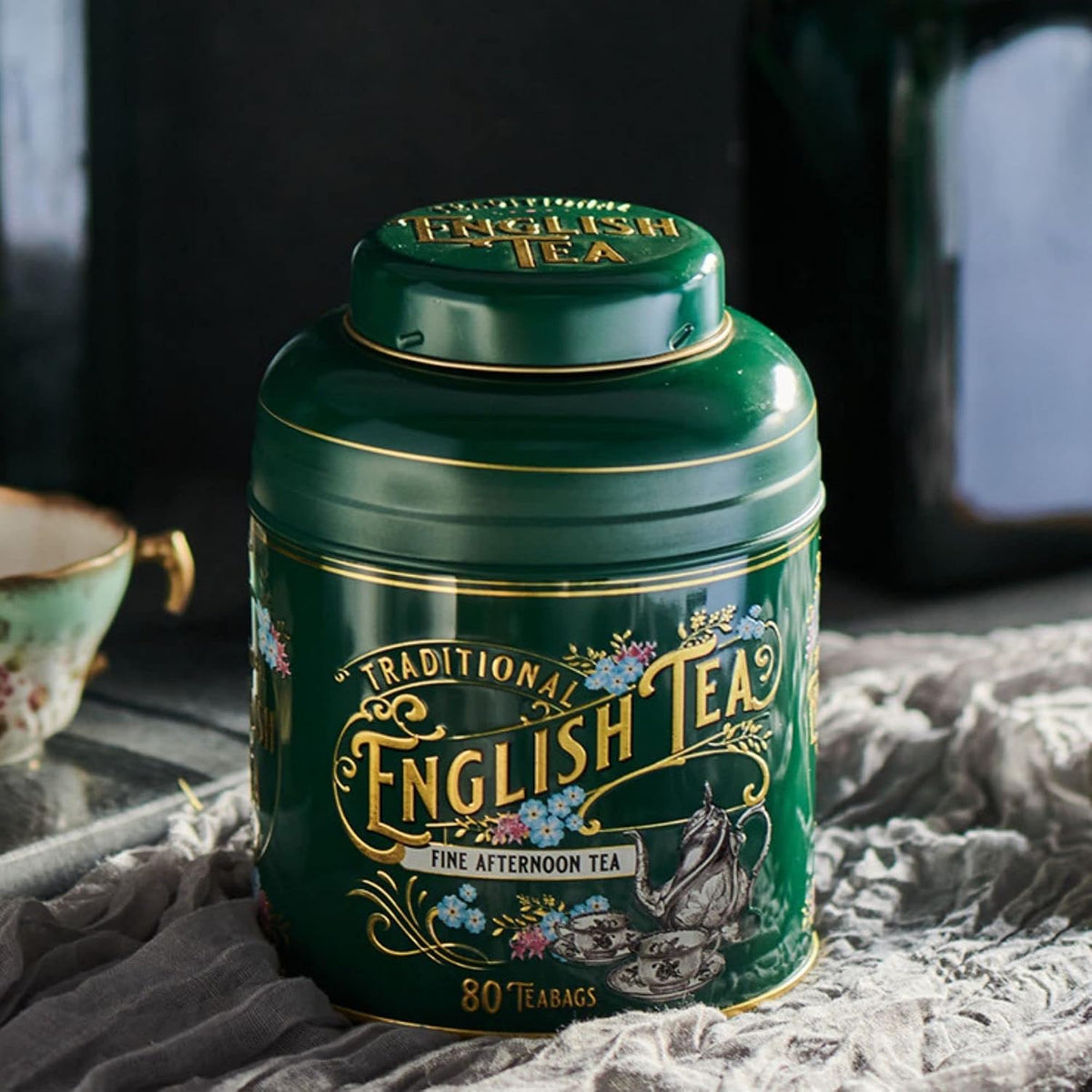 New English Teas Vintage Victorian Tea Tin with 80 Tea Bags - Dark Green