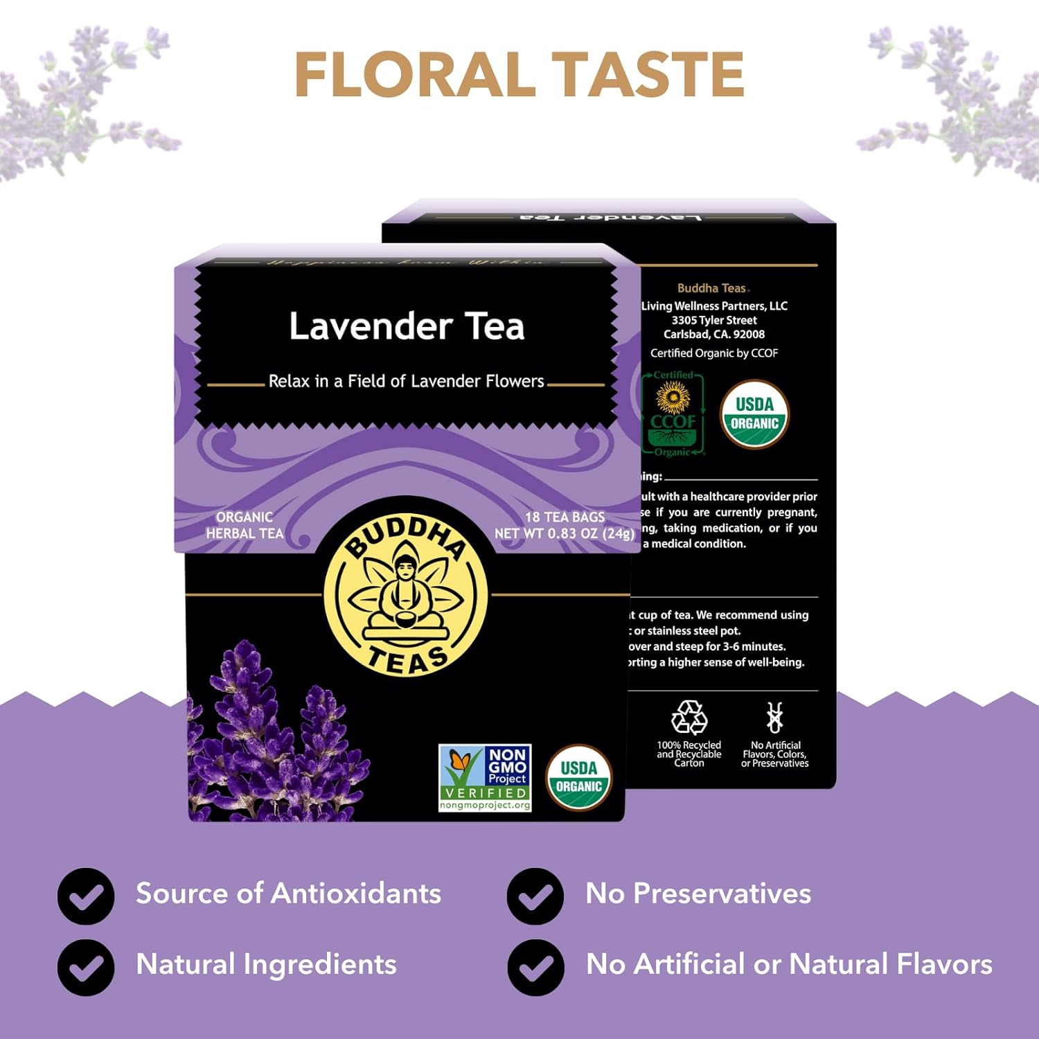 Buddha Teas Organic Lavender Tea - OU Kosher, USDA Organic, CCOF, 18 Bleach-Free Tea Bags