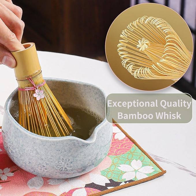 Handcrafted Matcha Bowl Set 8pc - Japanese Style Ceramic Chawan Tea Cups with Floral Art & Wavy Rim | Complete Matcha Tea Ceremony Kit in Premium Gift Box (blue)