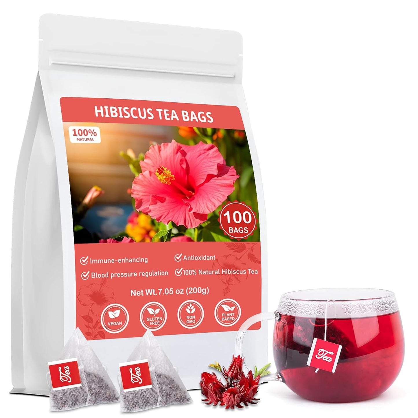 Hibiscus Tea Bags, Premium Hibiscus Filowers, Natrual Hibiscus tea - Supports Heart Health, Boosts Immune, Caffeine Free, Non-GMO, No Sugar（1 Pack/100 Bags)