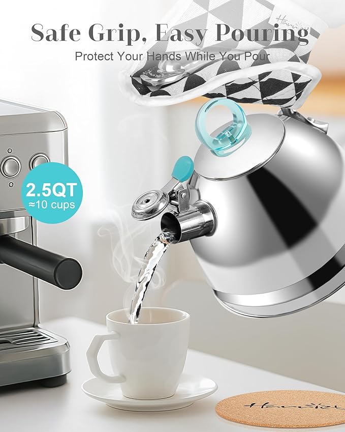 Harriet Tea Kettle Stovetop, 2.5 Quart Whistling Stainless Steel Tea Pot, 3-Layer Base, Unique Ergonomic Handle, Includes Pot Holder & Mat