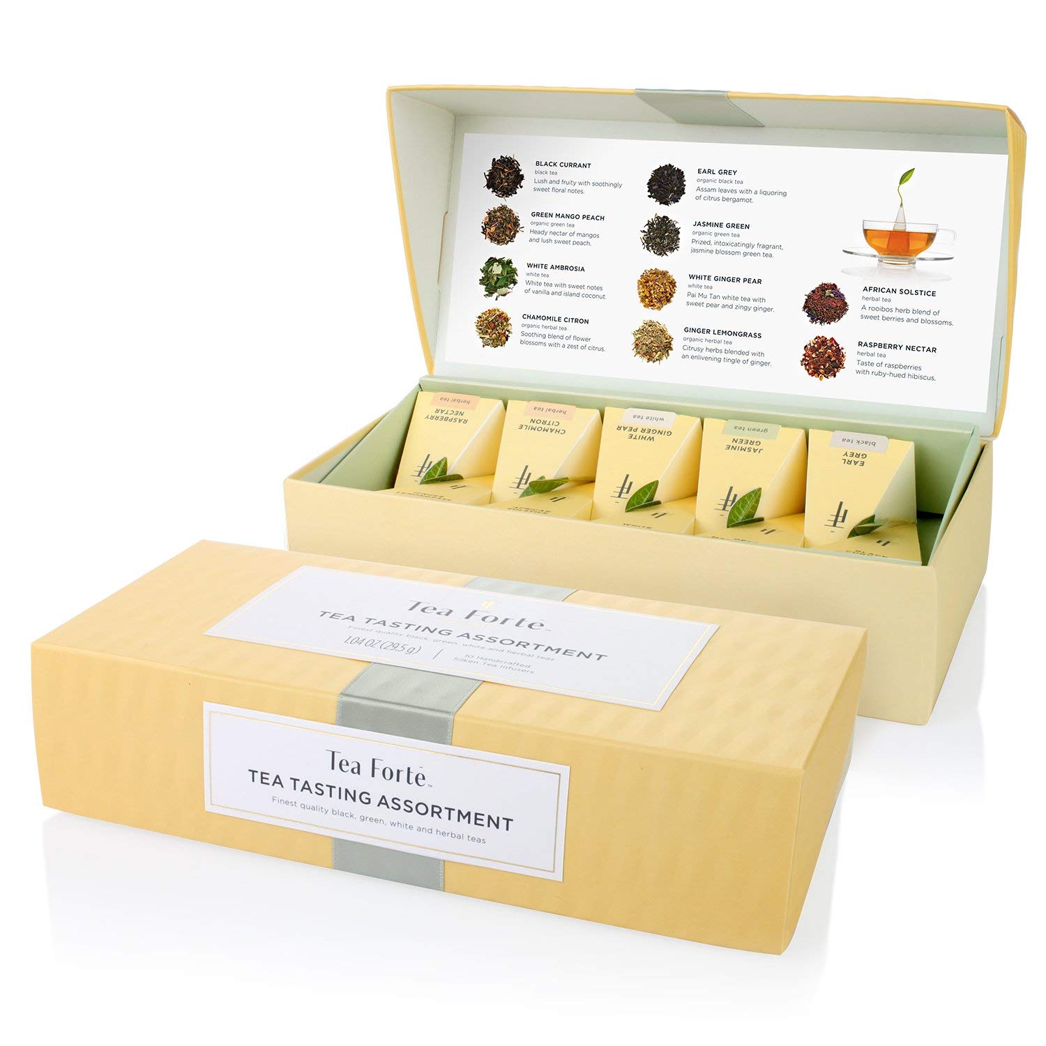 Tea Forte Premium Petite Presentation Box Gift Set Sampler, 10 Count, 2 of Each Blend Individually Wrapped Handcrafted Pyramid Infuser Bags, Assorted Classic Tea