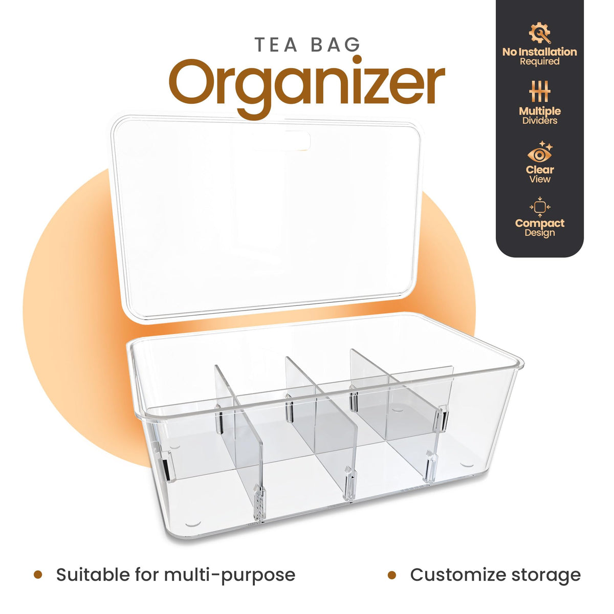 Utopia Home Tea Bag Organizer with Lids, Stackable Tea Box, 3 Pack, Clear