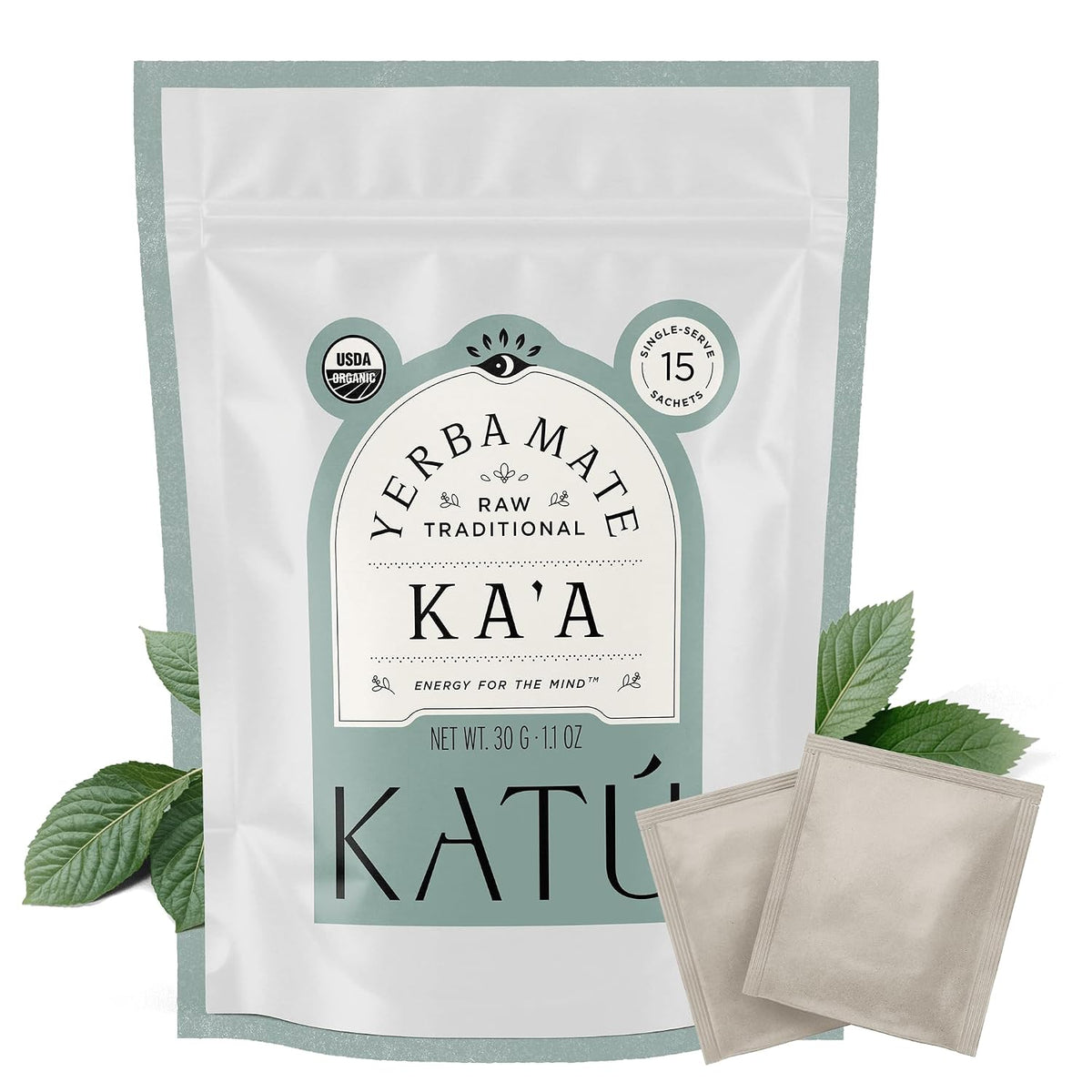 Katú Ka'a Teabags, Premium Organic Raw Yerba Mate Tea, Air-Dried, Unroasted, Smooth Traditional Taste, Natural Energy, 15 Sachets