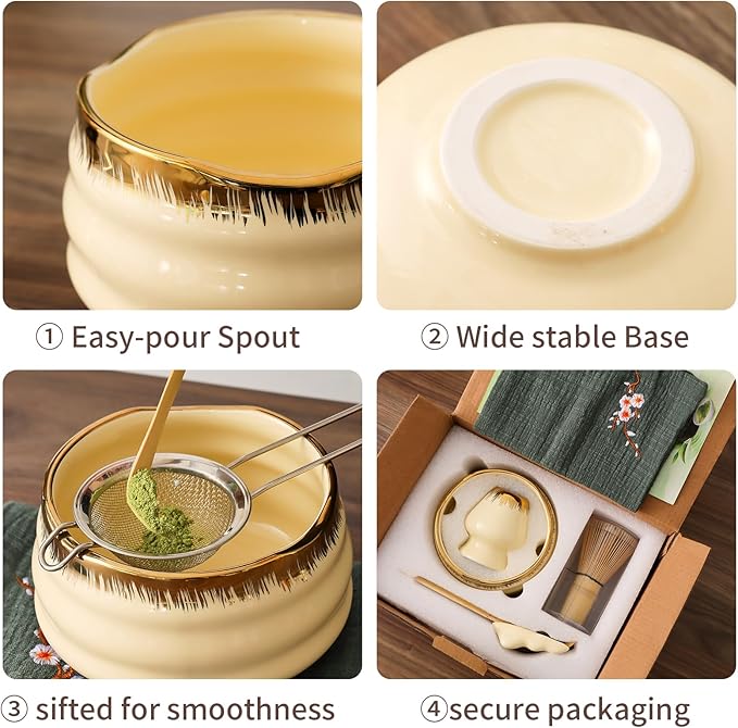 XiaoQuilismic-Matcha Whisk Set: Bamboo blender, matcha bowl, cute stand, ritual tool, Sieve - Family travel with golden texture details, 7-piece set