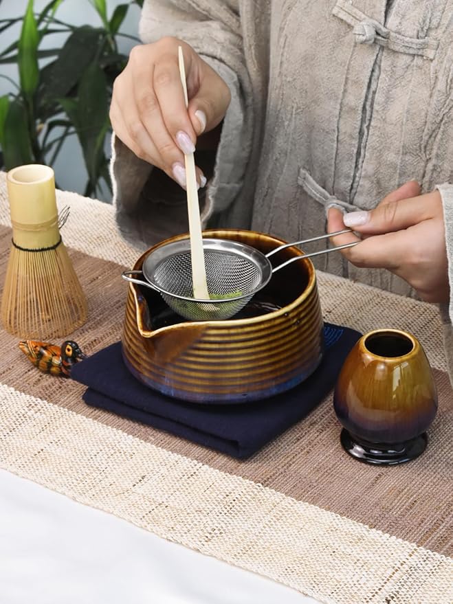 Artcome Matcha Tea Set – Japanese Matcha Kit with Bamboo Whisk, Pouring Spout Bowl, Scoop, Sifter, Holder & Manual
