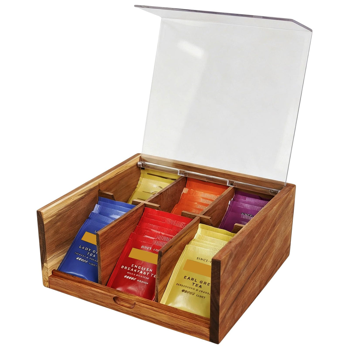 HTB Acacia Wood Tea Bag Organizer Storage Box with 6 Compartments