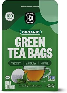 FGO Organic Green Tea, 100 Count Eco-Conscious Tea Bags, Caffeinated, Resealable Pouch, Packaging May Vary (Pack of 1)