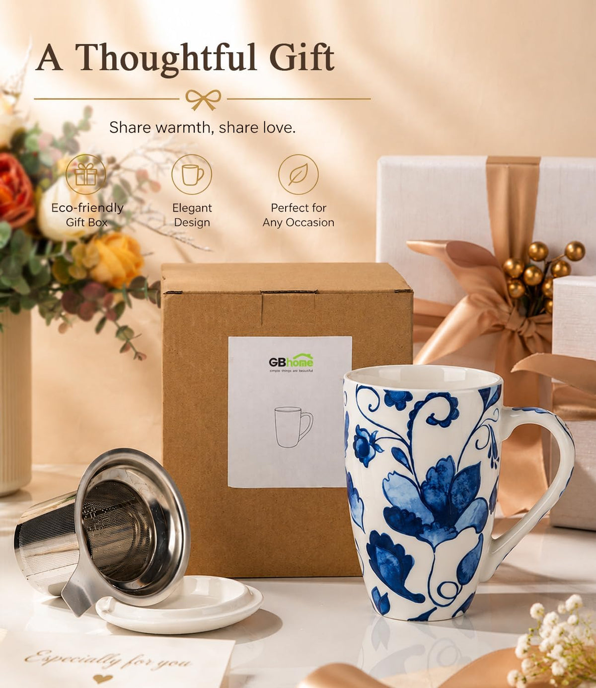 GBhome Tea Mug with Infuser and Lid,18 oz Loose Leaf Tea Cup with Steeper