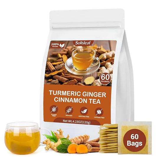 Turmeric Ginger Cinnamon Tea Bags, Pure Natural Ginger Turmeric Herbal Blend Tea with Cinnamon for Promoting Digestion, Boosts Immunity, Caffeine-Free, No Additives (1 Pack/60 Bags)