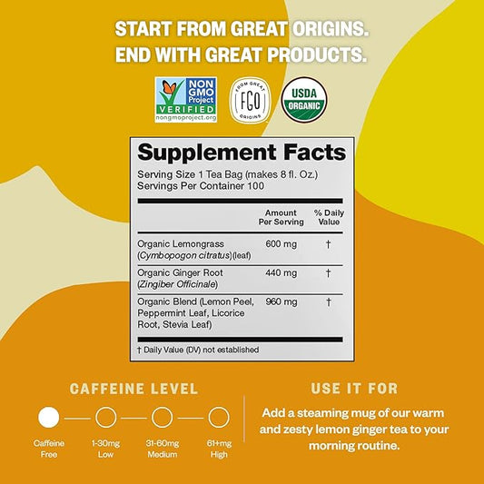 FGO Organic Lemon Ginger Tea, 100 Count, Eco-Conscious Tea Bags, Resealable Bag, Caffeine Free, Packaging May Vary (Pack of 1)