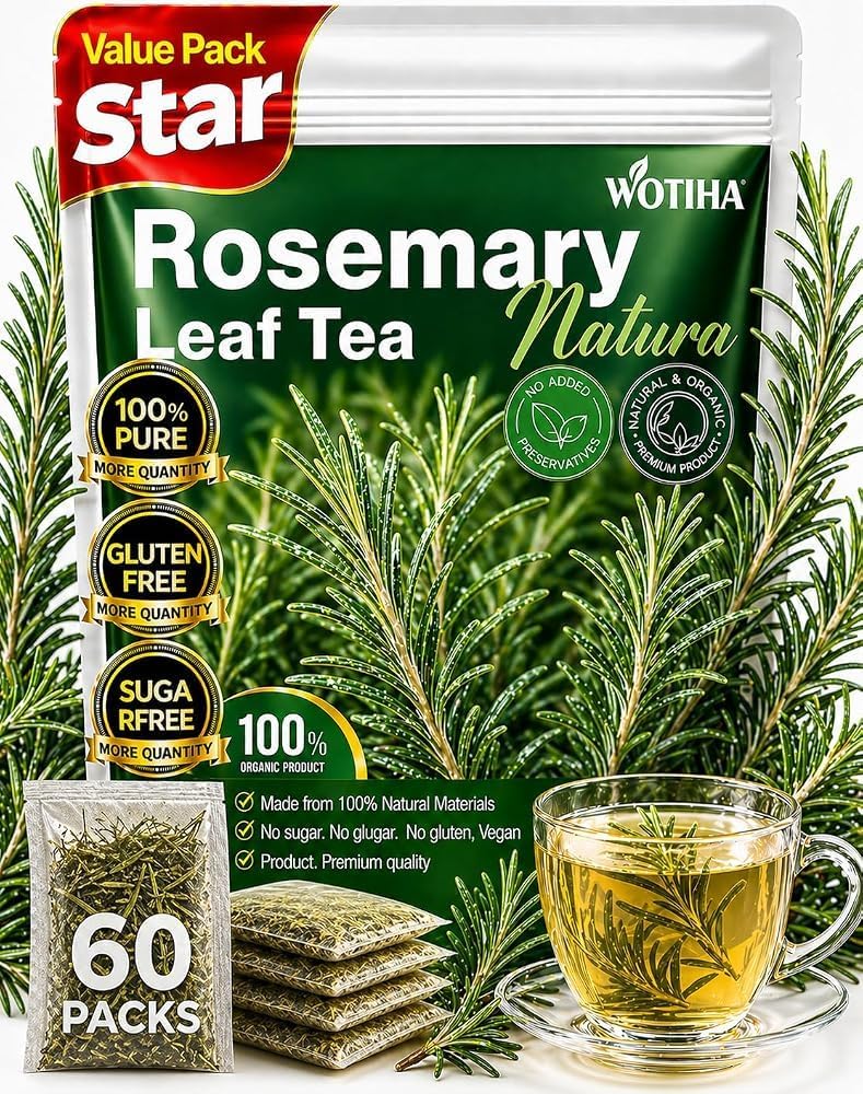 WOTIHA 60 Count Premium Rosemary Leaf Tea Bags - 100% Pure Natural Rosemary Leaves, Stimulating, Antioxidants &amp; Minerals, Caffeine-Free, No Additives.