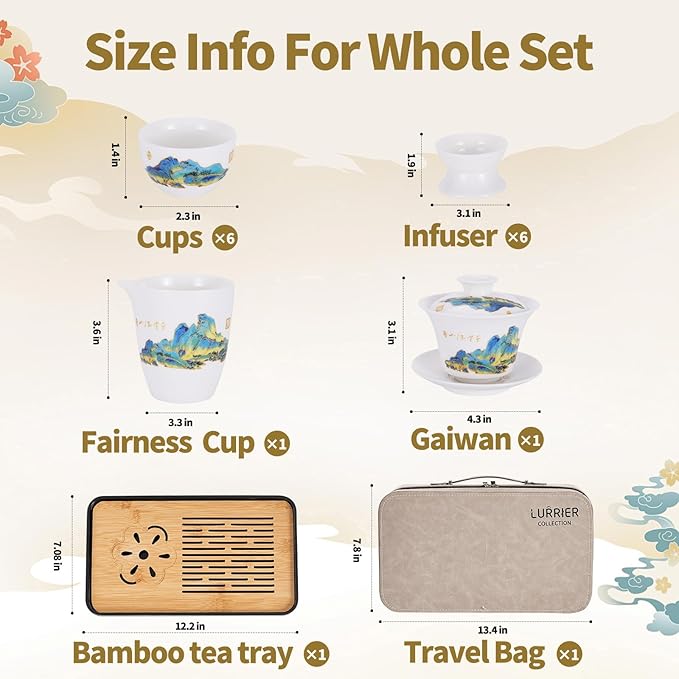 Lurrier Gongfu tea sets, Portable Ceramic TeaSet, Asian Tea sets for adult, Tea Gift sets, Grey leather case, Portable Travel Bag,Home,Gifting