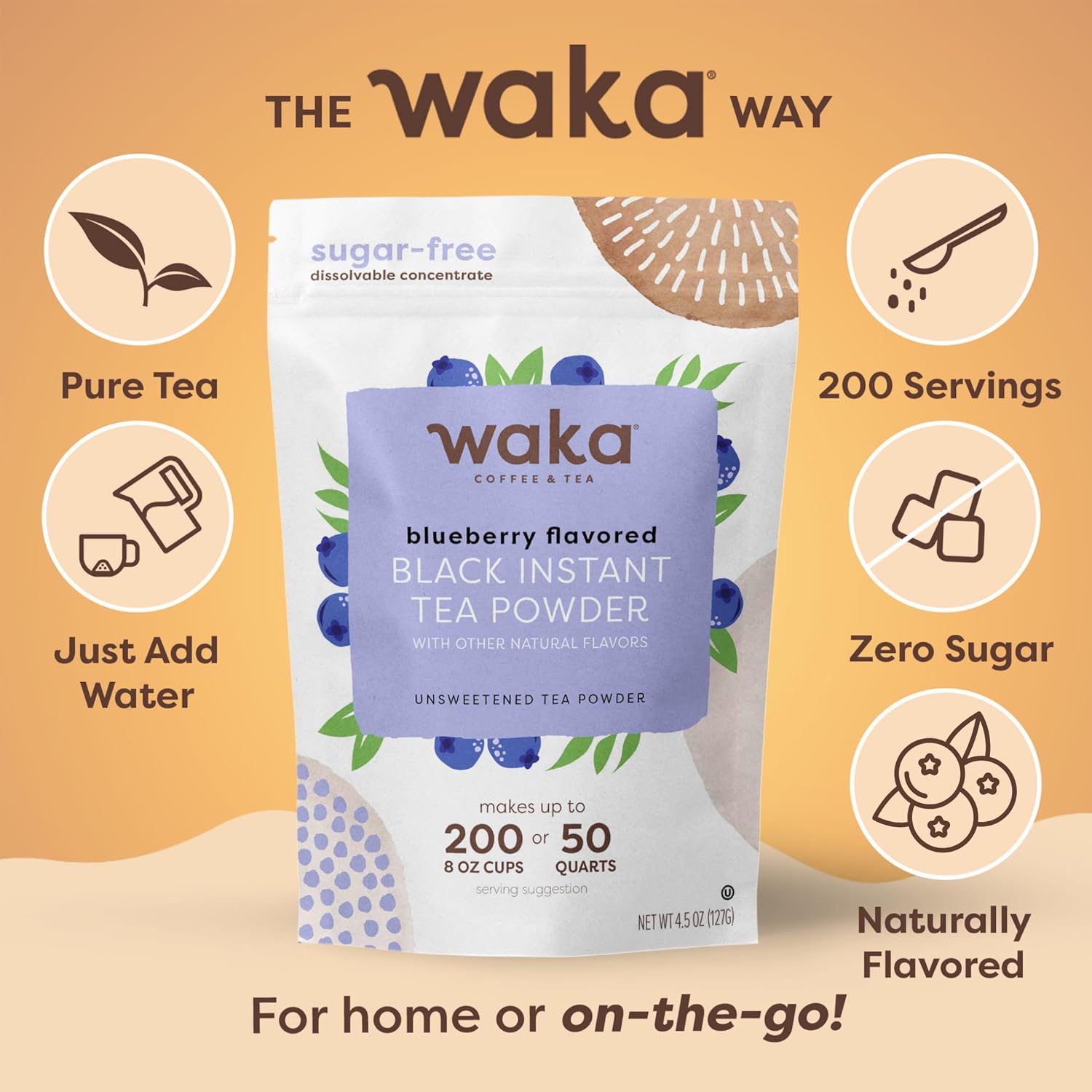 Waka Instant Black Tea Mix, Blueberry Flavored - 100% Tea Leaves, No Additives, Unsweetened Tea Powder for 50 Quarts or 200 Cups – Easy and Quick Hot or Iced Teas (4.5oz)
