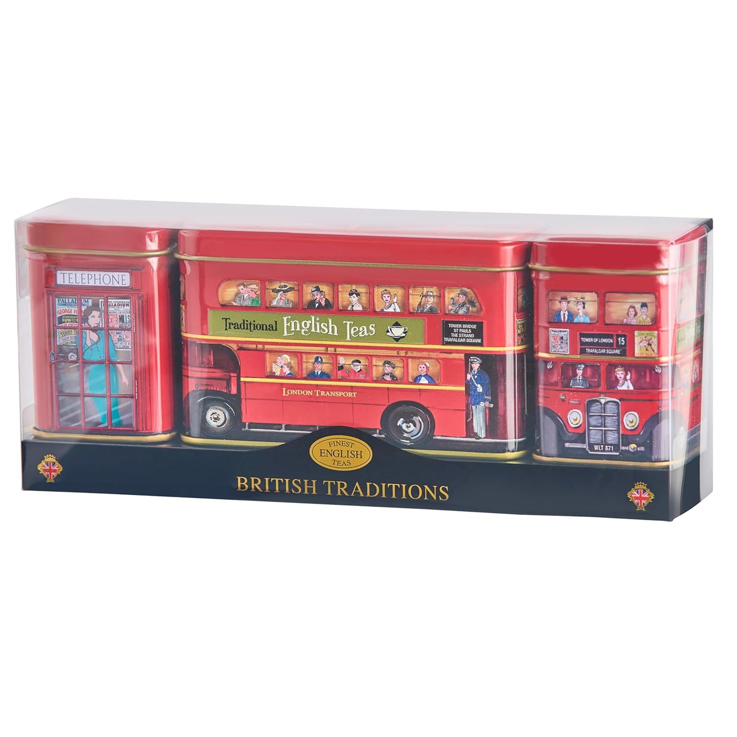 New English Teas British Traditions 3x Tea Tins with Fine English Breakfast Loose Leaf Tea and 10x Teabags, British Souvenir, Big Ben, UK Foods