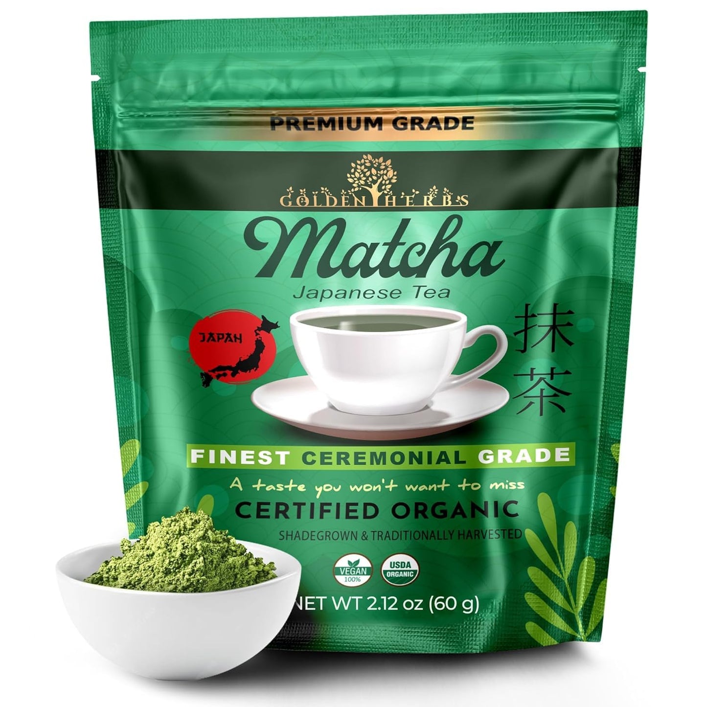 Golden Herbs Matcha Superior Ceremonial Blend Green Tea Powder from Uji, Kyoto, USDA Organic, Gluten-Free Vegan, 100% Pure Unsweetened, No Additivesm, Resealable Freshness Pouch (60 Grams / 2.12 OZ)