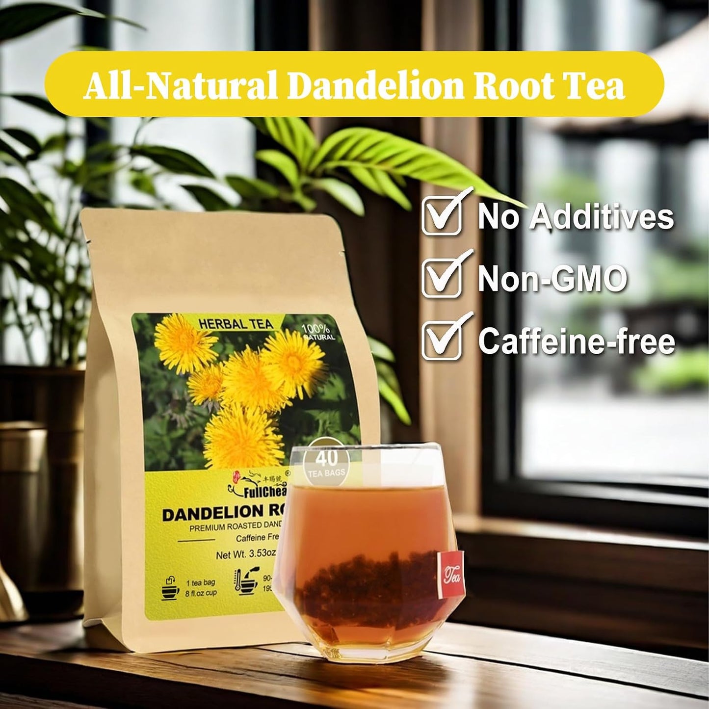 FullChea - Dandelion Root Tea Bags, 40 Count, Roasted Root Tea
