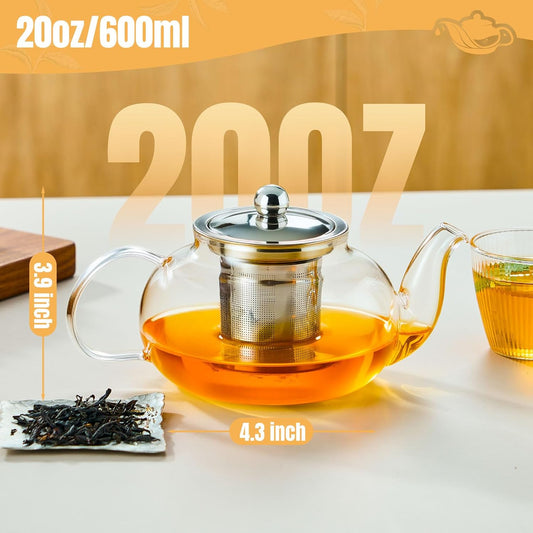 Baalaka Tea Pot with Infuser for Loose Tea, 20 oz Glass Stovetop Kettle | Clear borosilicate body with removable stainless steel strainer works as a tea maker and brewer for blooming or loose leaf