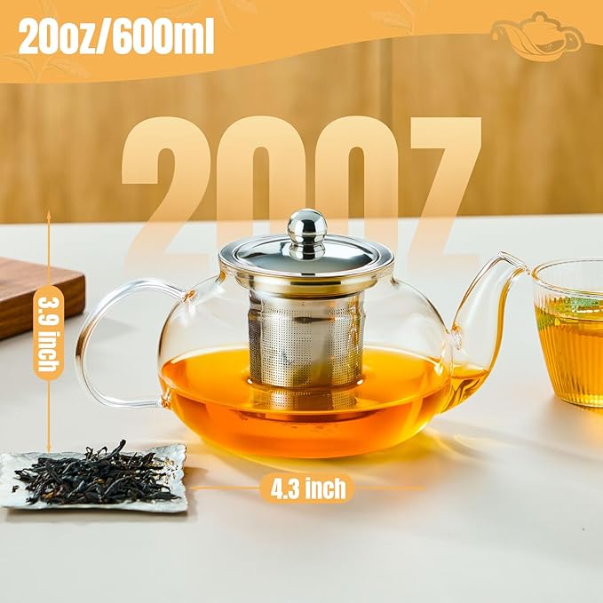 Glass Teapot Stovetop 20 OZ/600ml, Tea pot with Removable 18/8 Stainless Steel Infuser, Borosilicate Clear Tea Kettle