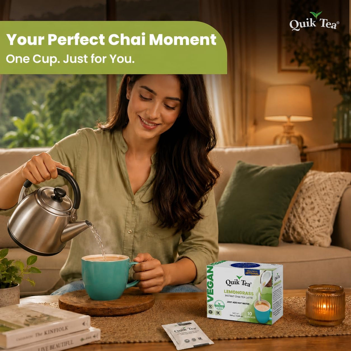 QuikTea Vegan Instant Chai Tea Latte Mix, Lemongrass, 10 Sachets
