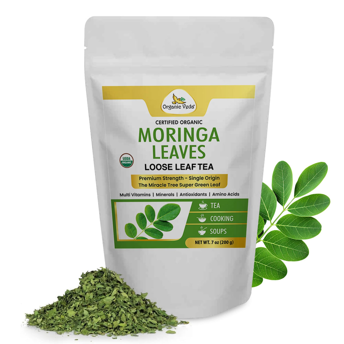 Organic Veda Moringa Tea Leaves - True Green Rich, Premium Single Origin,100% Organic Moringa Oleifera Loose Leaf Tea