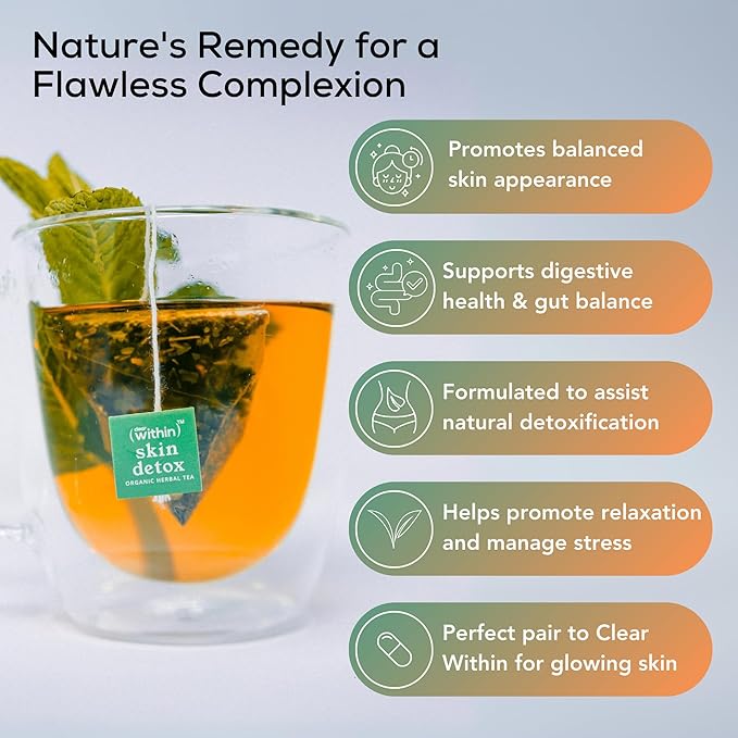 Clear Within Skin Detox Tea – 6 Natural Ingredients for Glowing Skin, Supports Digestion & Gut Health, Promotes Relaxation, Detoxifies Naturally