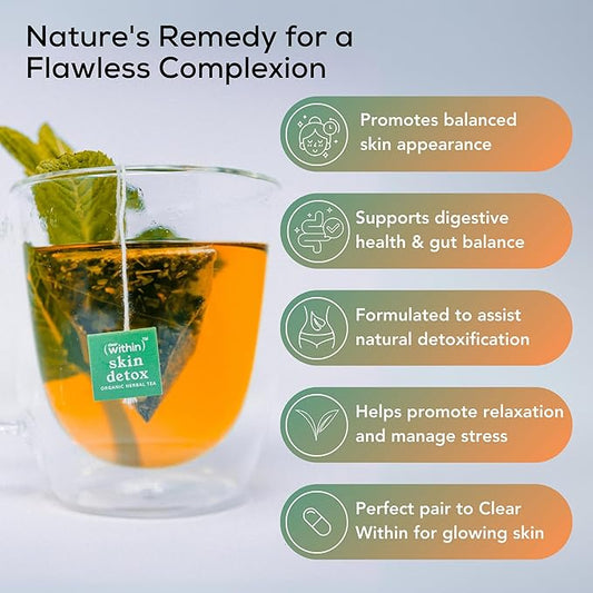 Clear Within Skin Detox Tea – 6 Natural Ingredients for Glowing Skin, Supports Digestion & Gut Health, Promotes Relaxation, Detoxifies Naturally