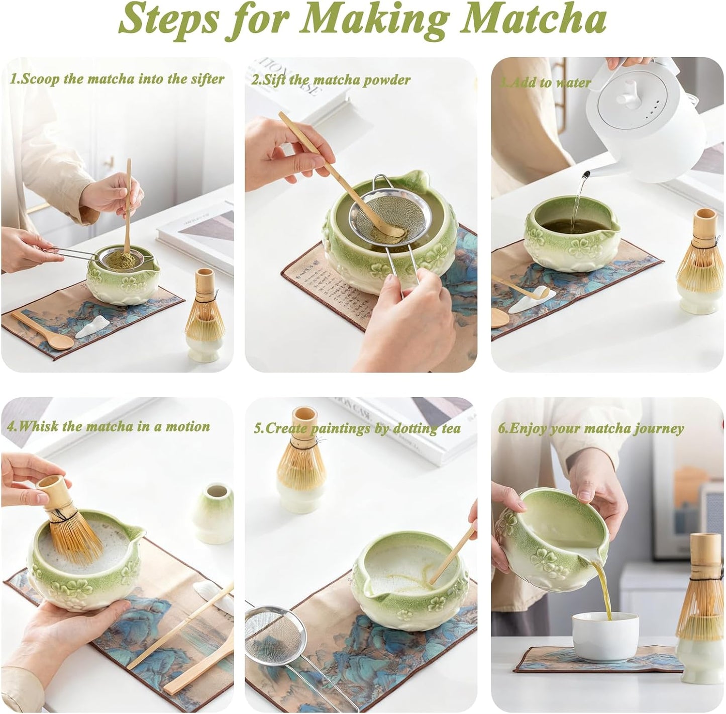8 Pcs Matcha Whisk Set - Ceramic Matcha Making Kit, Perfect Gifts (Green) | Complete Ceramic Matcha Set, Ceremonial Matcha Tea Kit for Beginners &amp; Tea Lovers