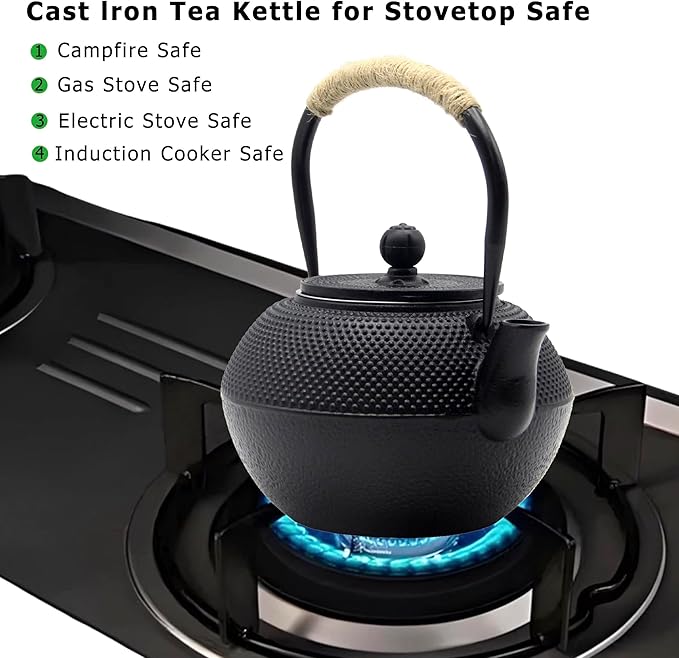YJX 40.6oz Cast Iron Teapot Set with Warmer, Japanese Tea Set for Stovetop, 1200ml Black Tea Pot and Tea Cups Set